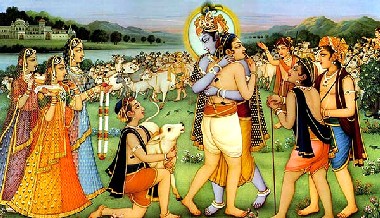 Krishna abra�a Gopa-kumara que chega a Goloka Vrindavana